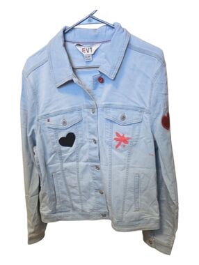 Reworked Denim Jacket XL • Heart Patch • Floral Accent • Boho